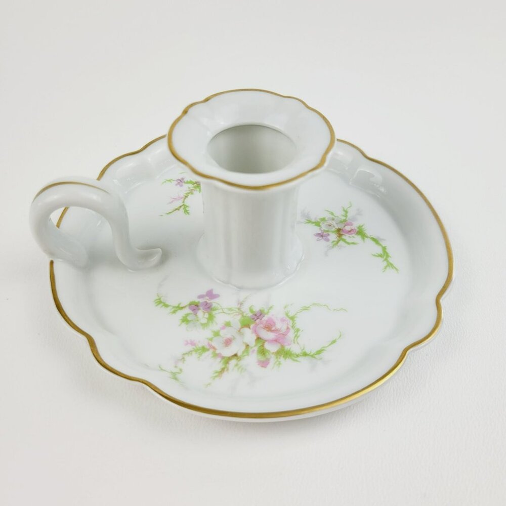 Vintage Haviland France Handled Candle Holder, Rosalinde Pink Floral & Gold Trim